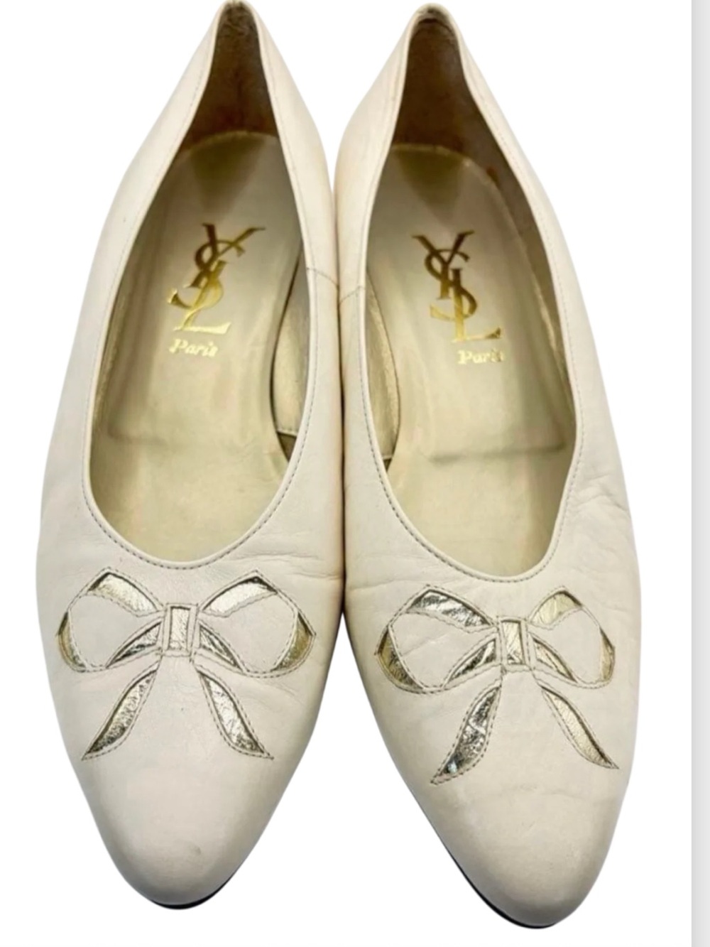 Saint Laurent Ivory Leather Pointed-Toe Flats with Metallic Bow